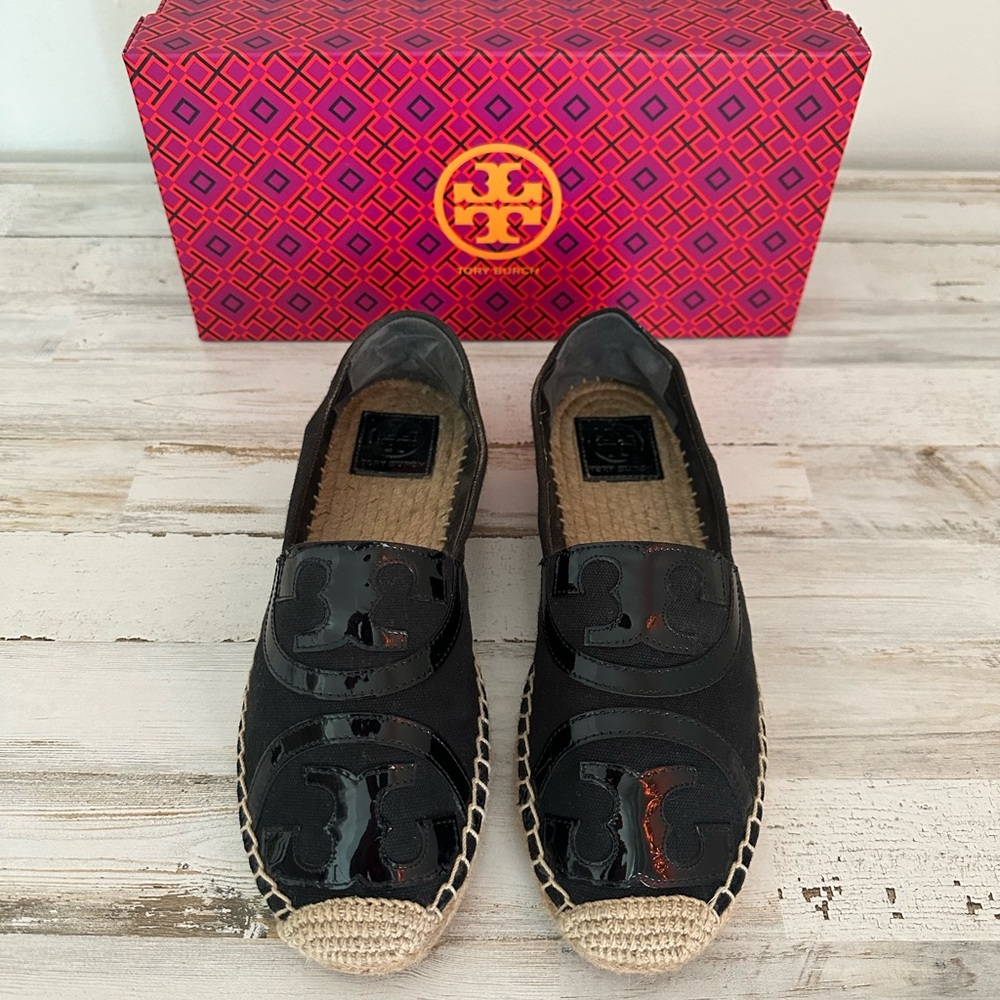 TORY BURCH Poppy Espadrille Canvas/Patent Leather Black Sz. 9.5